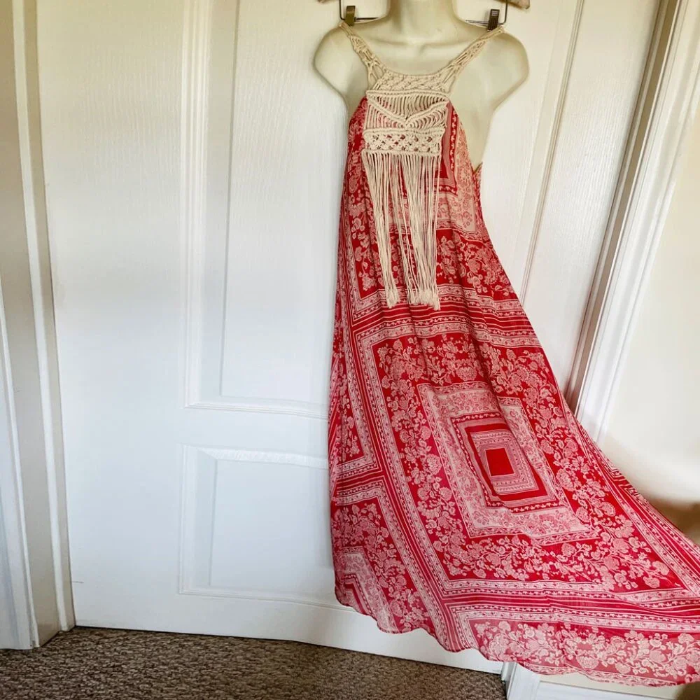 ZARA Boho Floral-Patch Maxi Dress with Crochet Neck and Fringe XS/S - Picture 2 of 16